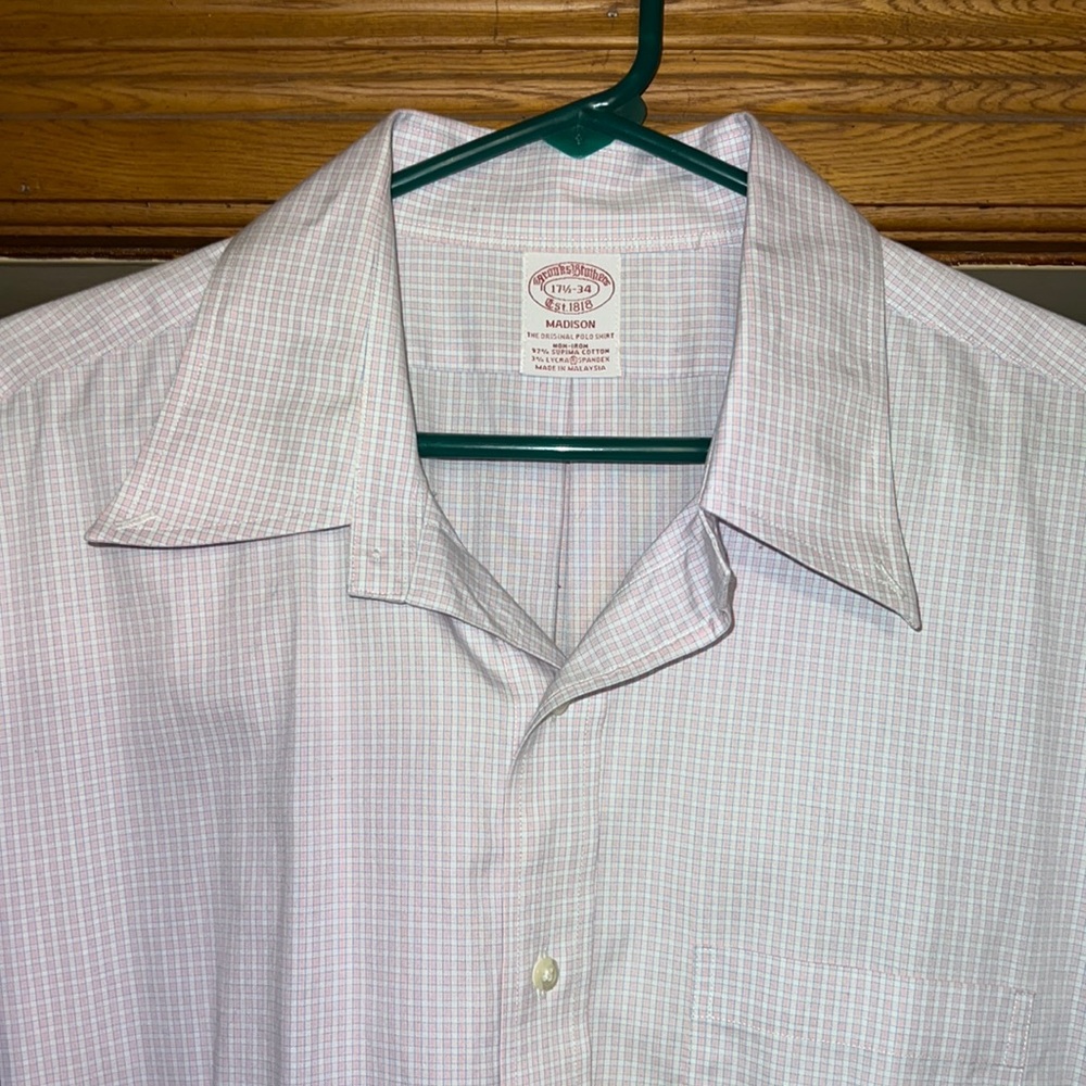 Brooks Brother’s button down dress shirt, Size 17 1/2-34, 97% cotton 3% Lycra.